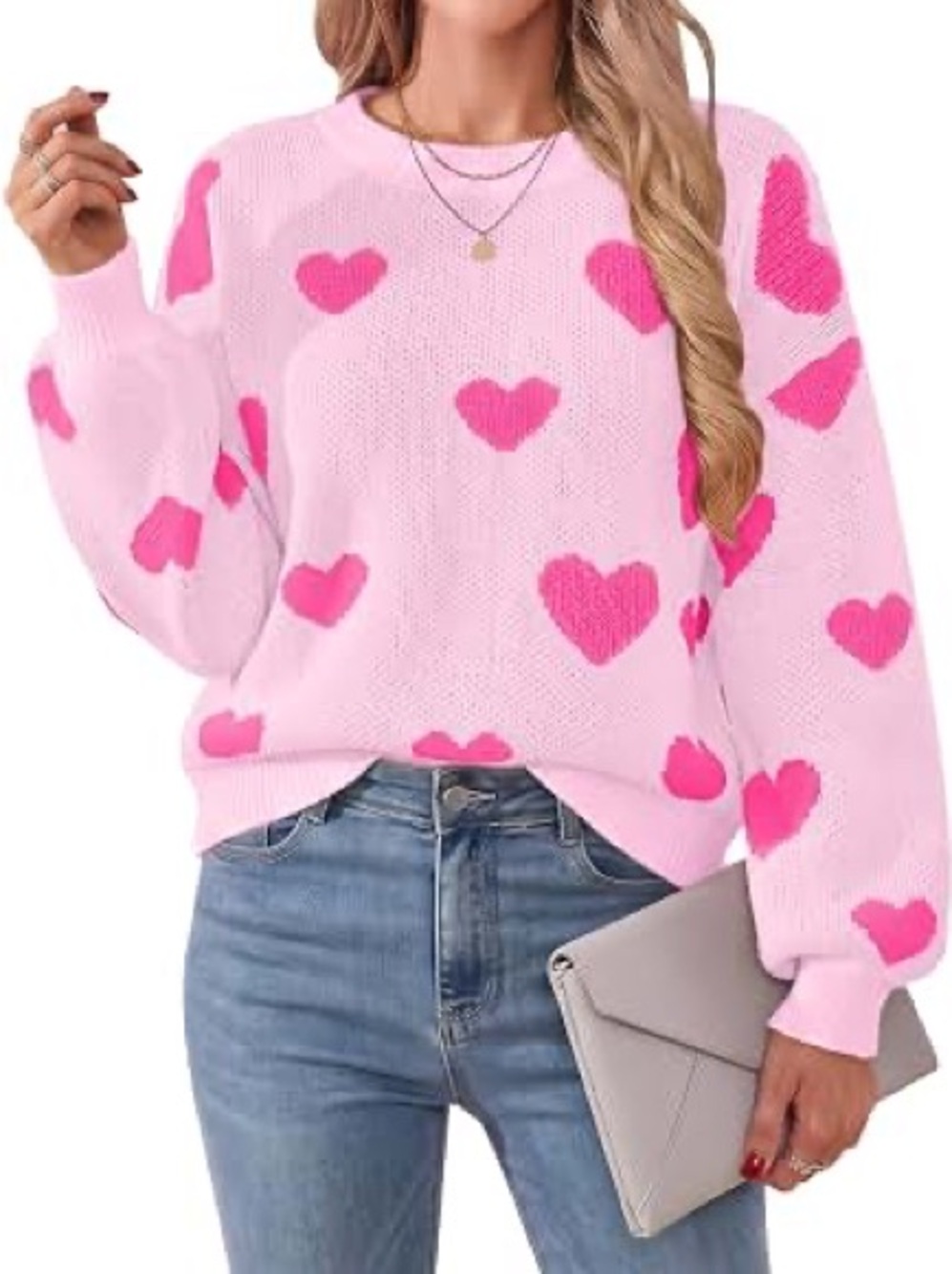 Women’s Pink Heart Print Crewneck Sweater